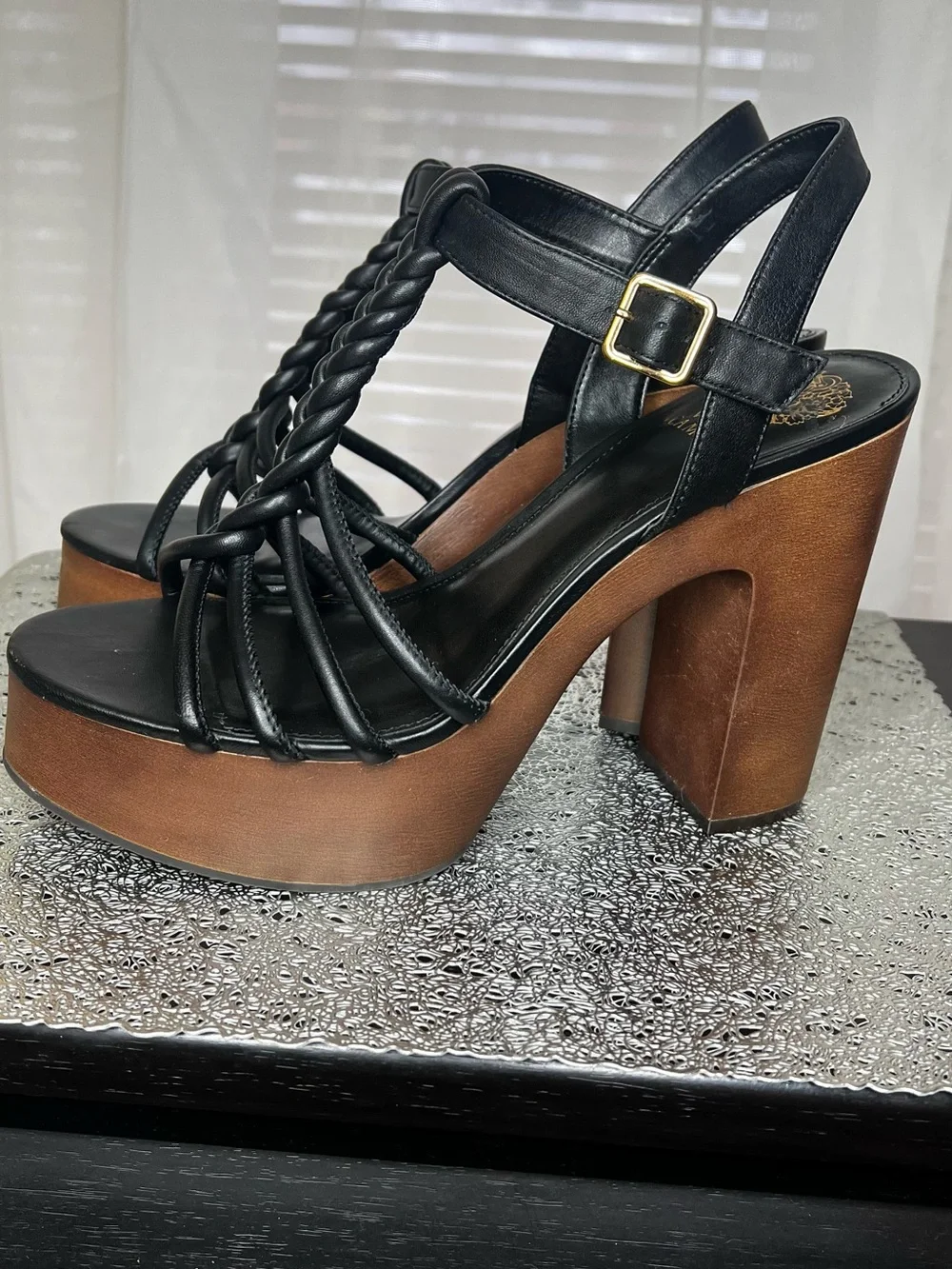 Vince Camuto Black Braided T-Strap Platform Sandal with Wood-Look Heel